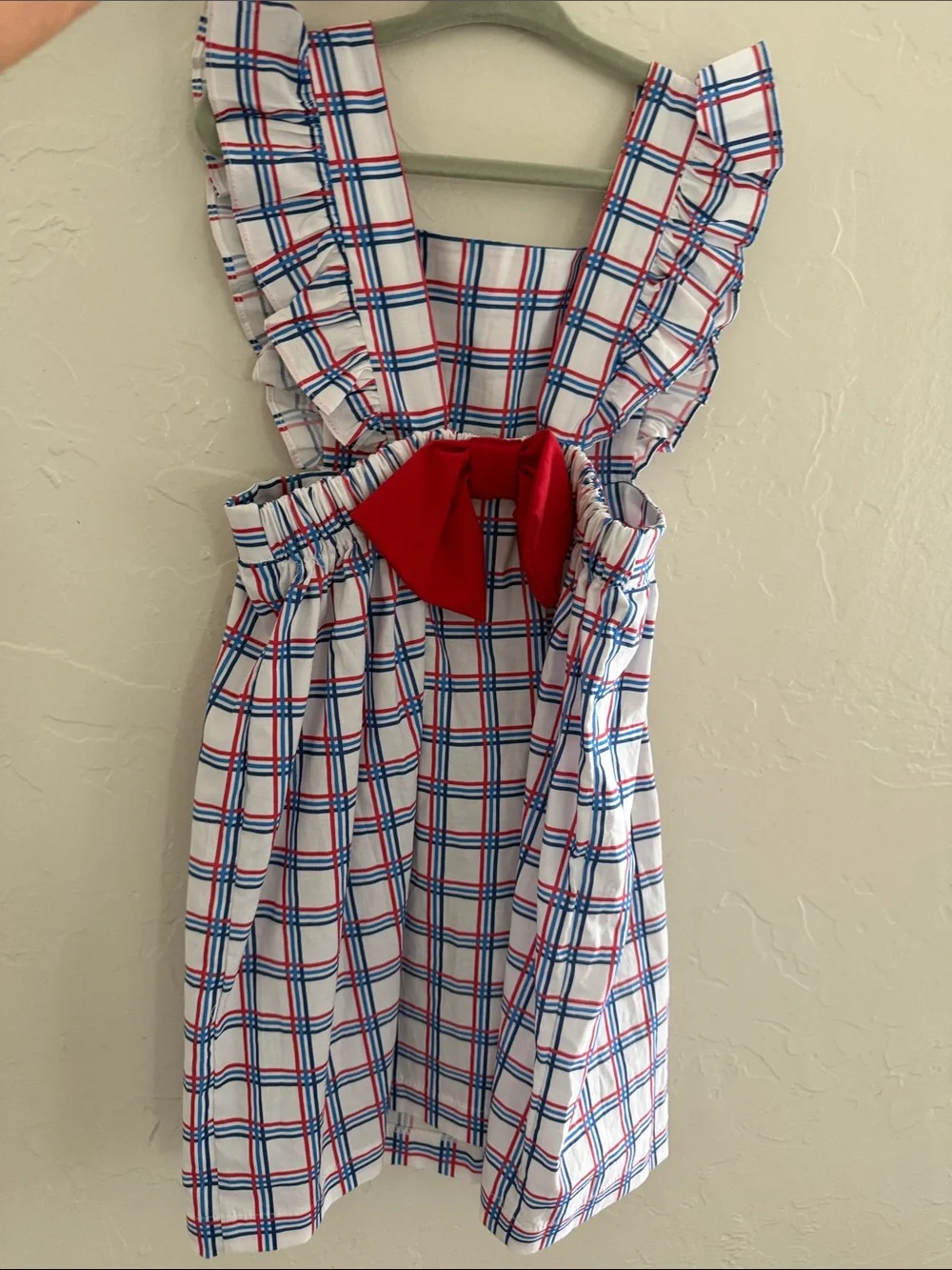 Girls White Plaid Ruffle Strap Dress - Red & Blue